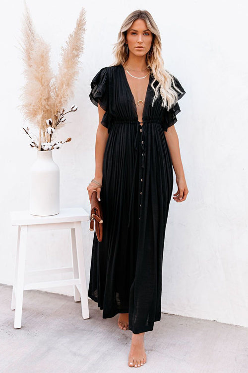 Plunging V-Neck Flutter Sleeve Tie Front Button Pocket Maxi Dress