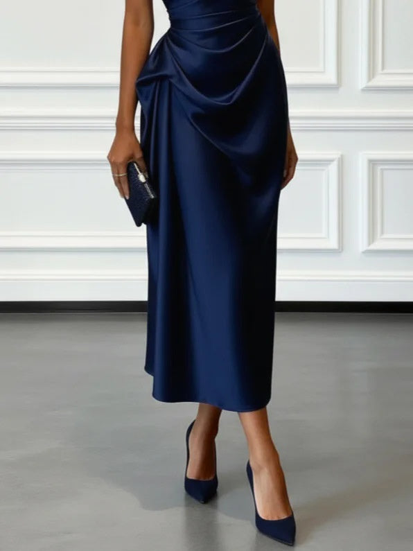 Off-the-shoulder Satin Pleated Midi Dress