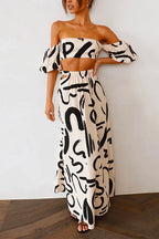 Printed Off Shoulder Puff Sleeve Crop Top Cut Out Waist Maxi Skirt Set
