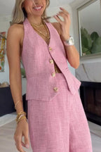 City Outfit Linen Blend Metal Button Halter Vest and Pocket Wide Leg Pants Set
