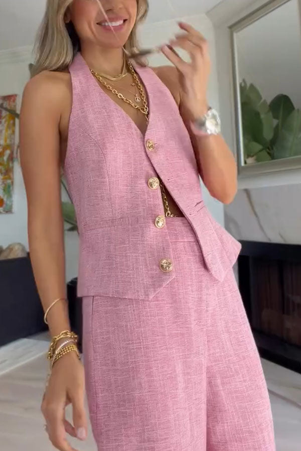 City Outfit Linen Blend Metal Button Halter Vest and Pocket Wide Leg Pants Set