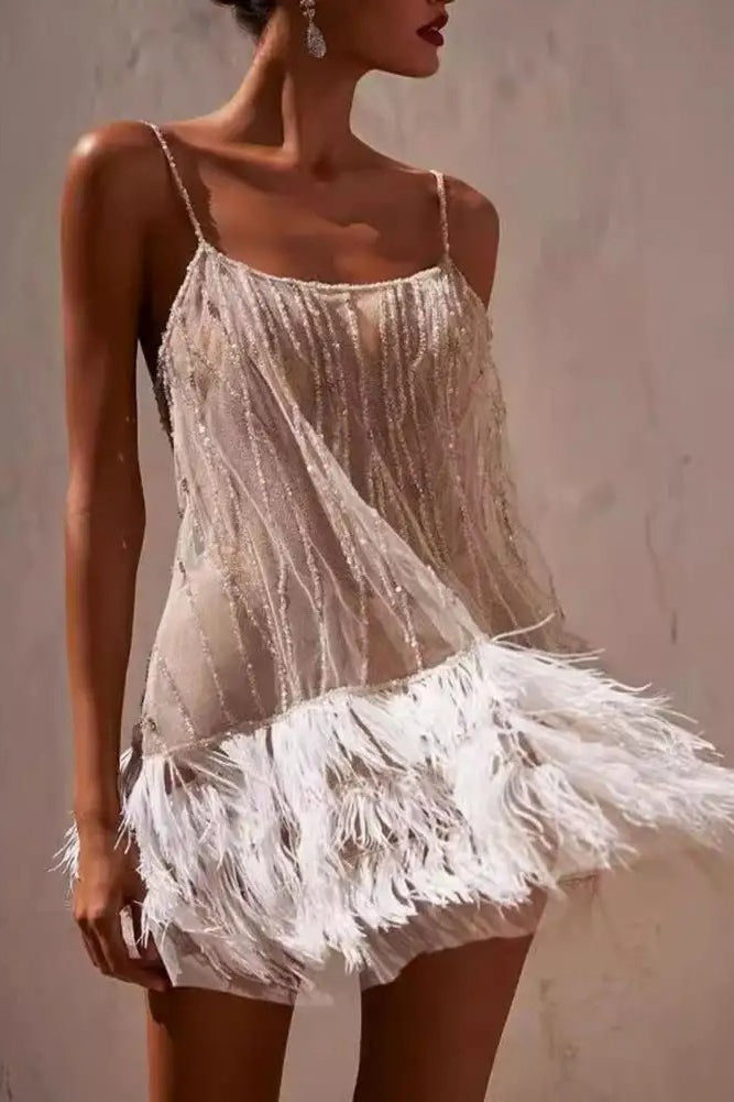 Beaded Sequin Spaghetti Strap Feather Trim Fringe Mini Cocktail Dress