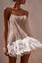 Beaded Sequin Spaghetti Strap Feather Trim Fringe Mini Cocktail Dress