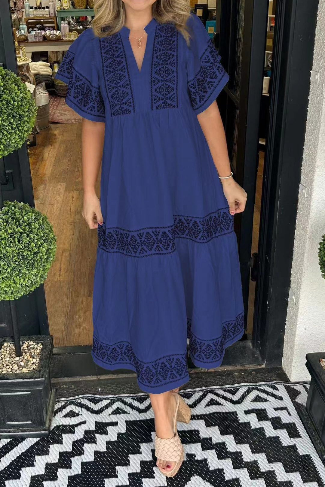 V Neck Short Sleeve Geometric Embroidery Tiered Midi Dress