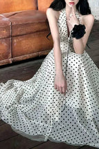 Polka Dot Halter Neck Deep V-Neck Corset Bodice Full A-Line Tulle Overlay Maxi Dress