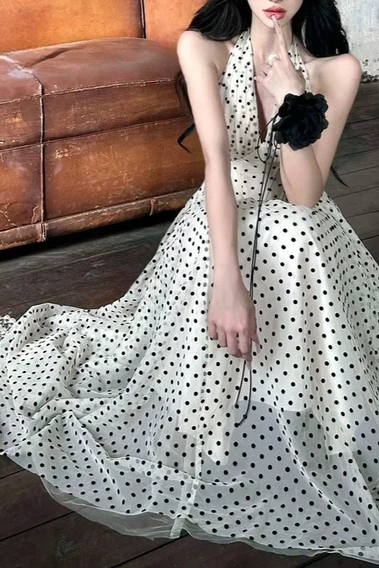 Polka Dot Halter Neck Deep V-Neck Corset Bodice Full A-Line Tulle Overlay Maxi Dress