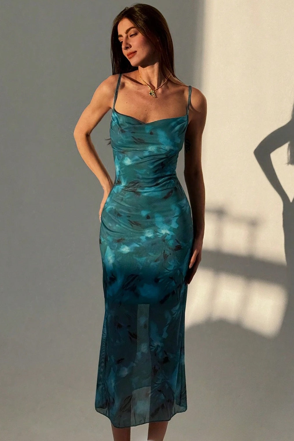 Green Cowl Neck Spaghetti Strap Abstract Marble Print Sheer Hem Midi Dress