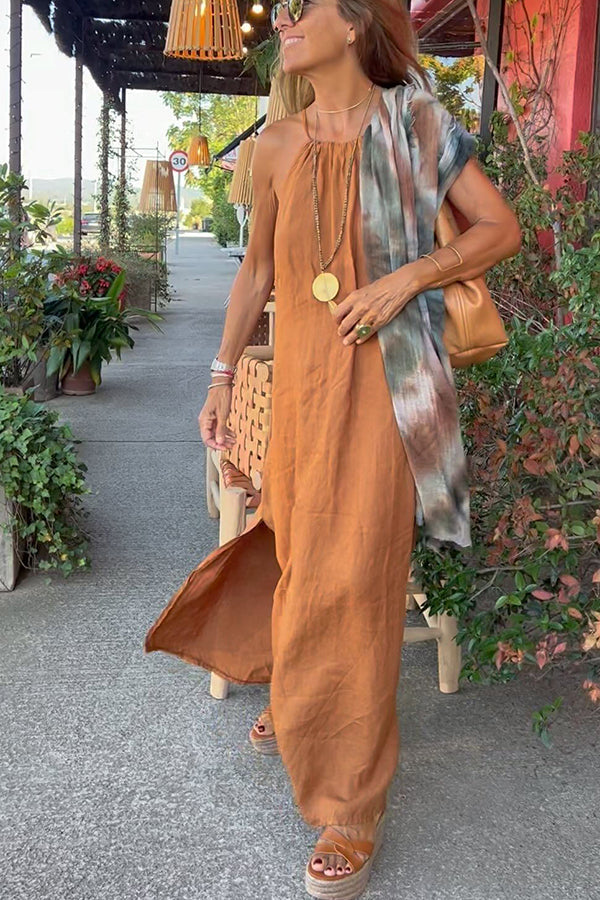 Linen Blend Halter Neck Gathered A-Line Maxi Dress