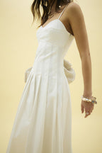 Spaghetti Strap Corset Bodice Knife Pleat A-Line Midi Dress