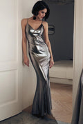 Metallic Spaghetti Strap Deep V-Neck Wrap Mermaid Maxi Gown