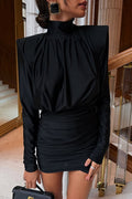 Stylish High-Neck Long-Sleeved Slim-Fit Pleated Mini Dress