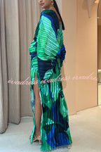 Tropical Oasis Capri Print Kimono Sleeve Pleated Cocoon Maxi Dress