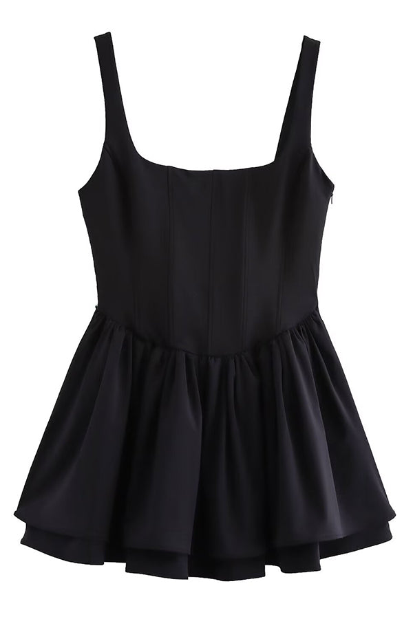 Velvet Square Neck Corset Seam Gathered Fit and Flare Mini Dress