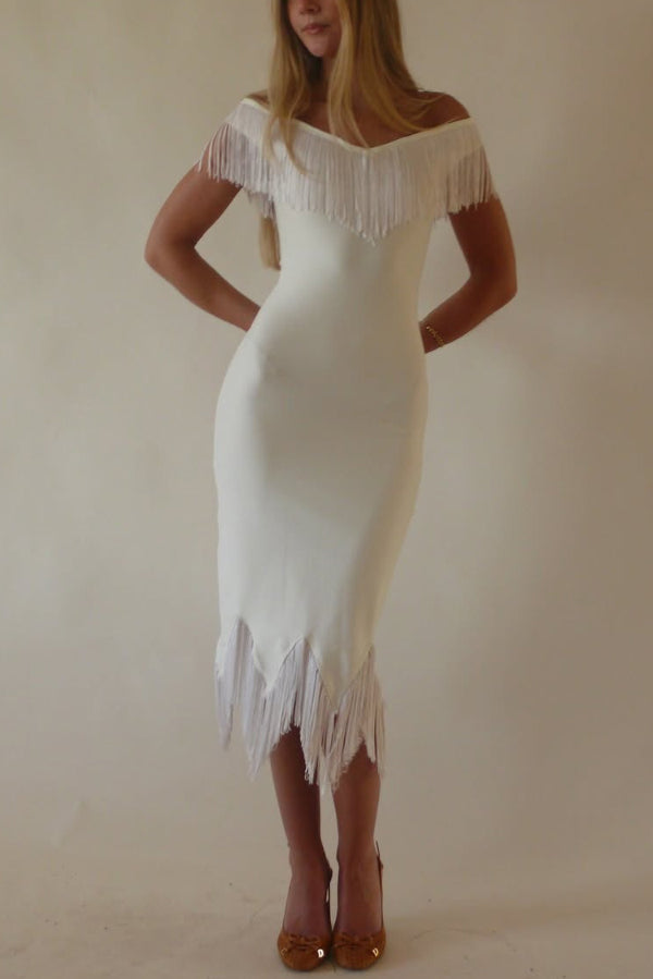 Solid Color V-neck Off-shoulder Slim-fit Tassel Midi Dress