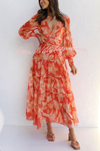 Abstract Floral Print V-Neck Bishop Sleeve Wrap Waist Tiered Maxi Dress