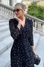 V Neck Waist Long Sleeve High Slit Polka Dot Midi Dress