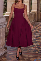 Square Neck Wide Strap Pleated Fit and Flare Midi Dress