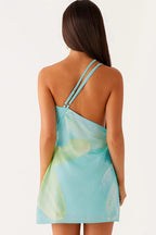 Abstract Print Satin Asymmetrical One Shoulder Draped Cowl Neck Mini Dress