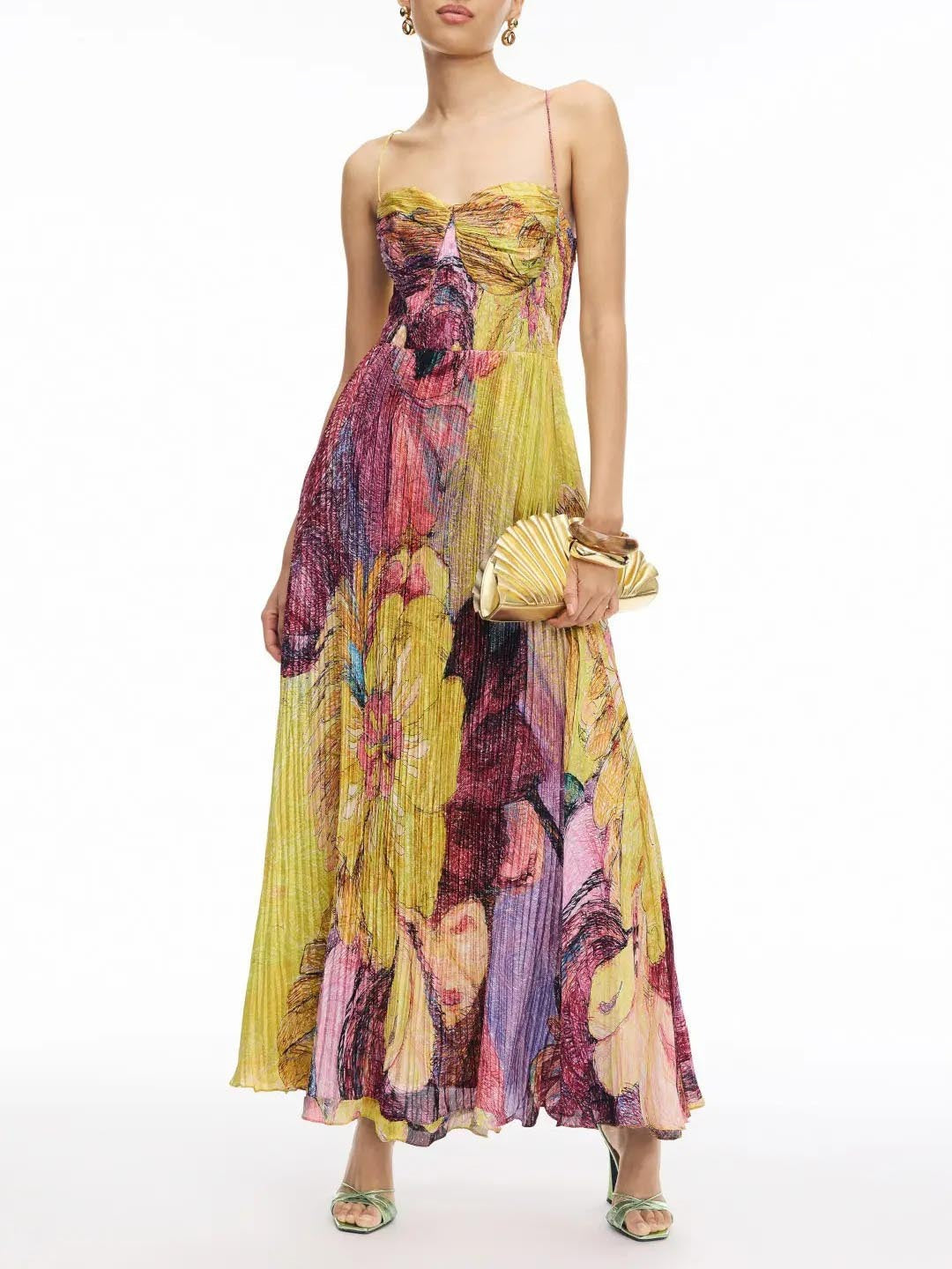 Watercolor Floral Print Strapless Pleated Maxi Gown