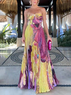 Watercolor Floral Print Strapless Pleated Maxi Gown
