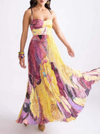 Watercolor Floral Print Strapless Pleated Maxi Gown