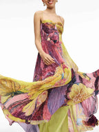 Watercolor Floral Print Strapless Pleated Maxi Gown
