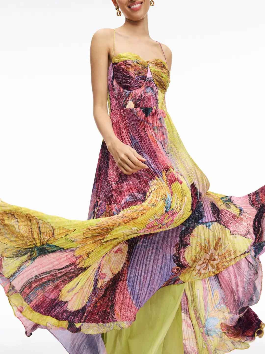 Watercolor Floral Print Strapless Pleated Maxi Gown