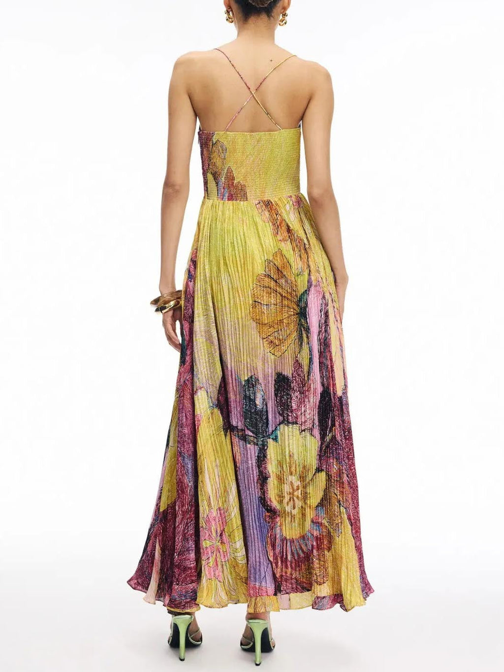 Watercolor Floral Print Strapless Pleated Maxi Gown