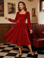 Vintage Glamour Dress 1950s Black Long Sleeves Square Neck Rockabilly Dress