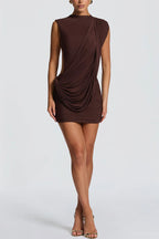 Mireya Mesh and Knit Fabric High Neck Diagonal Drape Backless Mini Dress