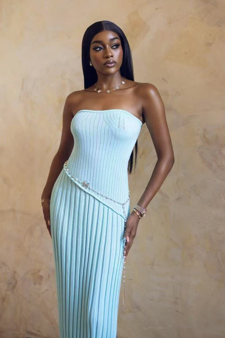 Strapless Ribbed Knit Pearl Chain Hip Drape Bodycon Maxi Dress