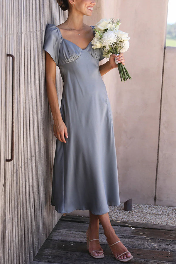 Satin Off Shoulder Flutter Sleeve Sweetheart Ruched Side Slit Midi Dress
