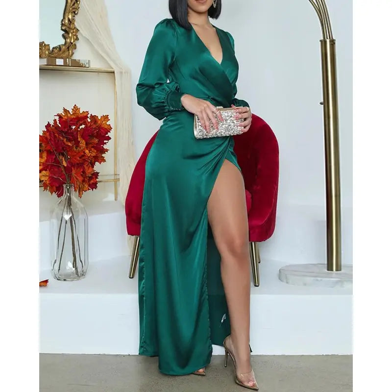 Alejandra Premium Dark Green Satin Midi Dress Wardrobe Essential