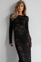 Floral Lace Long Sleeve Crew Neck Mermaid Maxi Gown