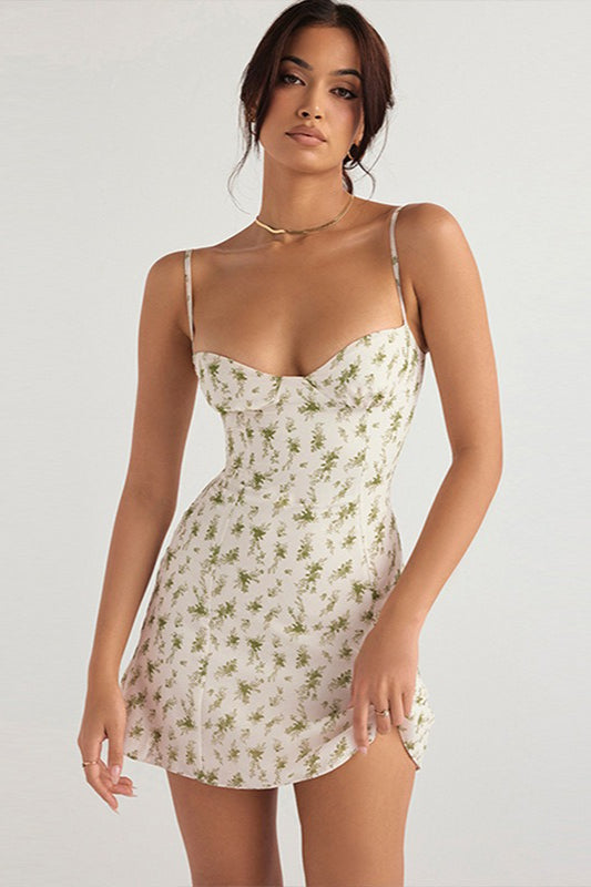 Sweetheart Neck Spaghetti Strap Ditsy Floral Bustier A-Line Mini Dress