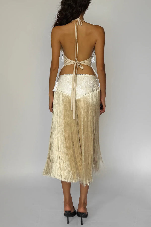 Stylish Halter Neck Lace Up Tassel Pendant Backless Top