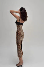 Leopard Sequin Lace Panel Spaghetti Strap Bodycon Midi Dress