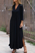V-Neck Three Quarter Sleeve Relaxed Side Slit Maxi Dress