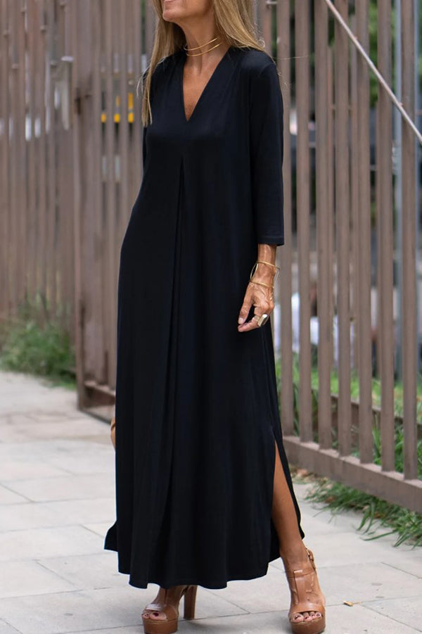 V-Neck Three Quarter Sleeve Relaxed Side Slit Maxi Dress