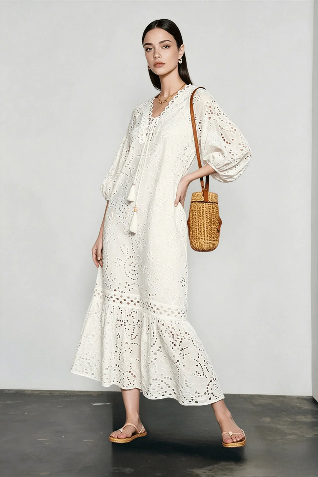 Eyelet Broderie Anglaise Puff Sleeve Lace Up Tassel Tiered Maxi Dress