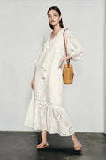 Eyelet Broderie Anglaise Puff Sleeve Lace Up Tassel Tiered Maxi Dress