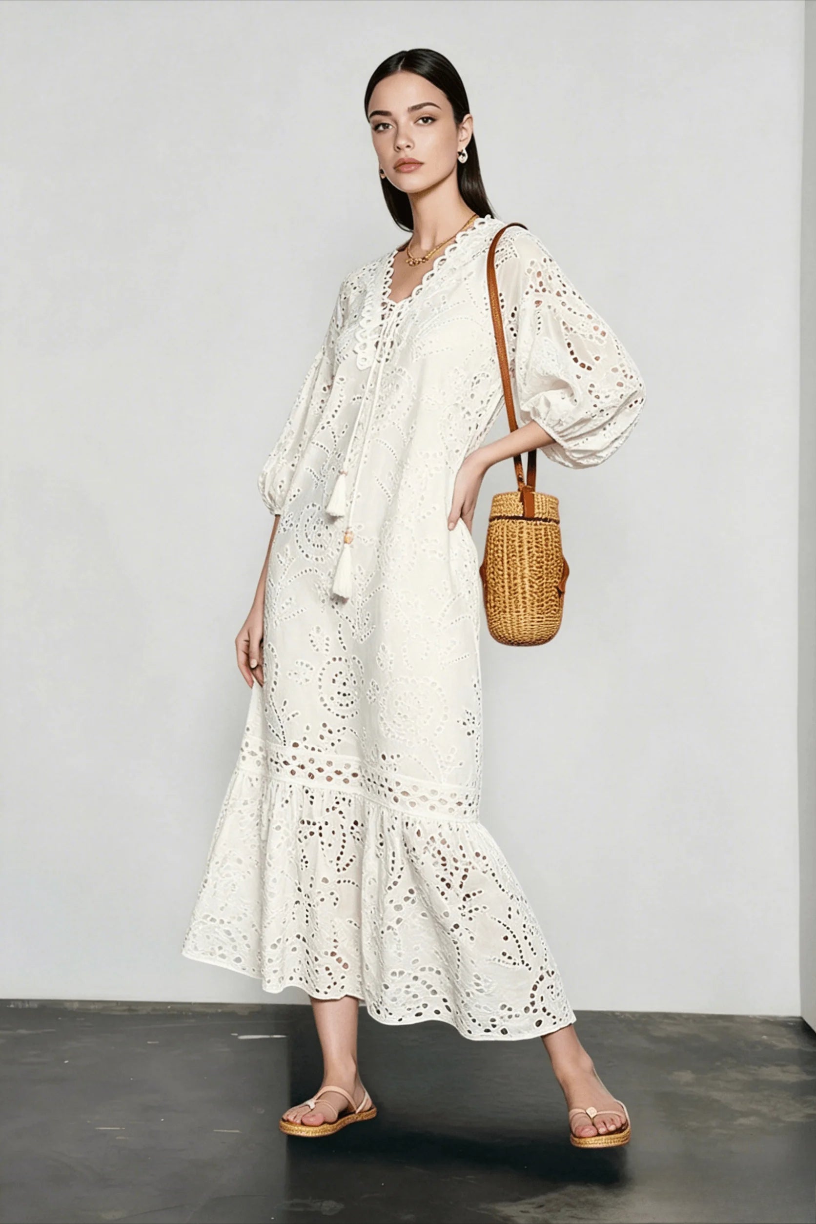 Eyelet Broderie Anglaise Puff Sleeve Lace Up Tassel Tiered Maxi Dress