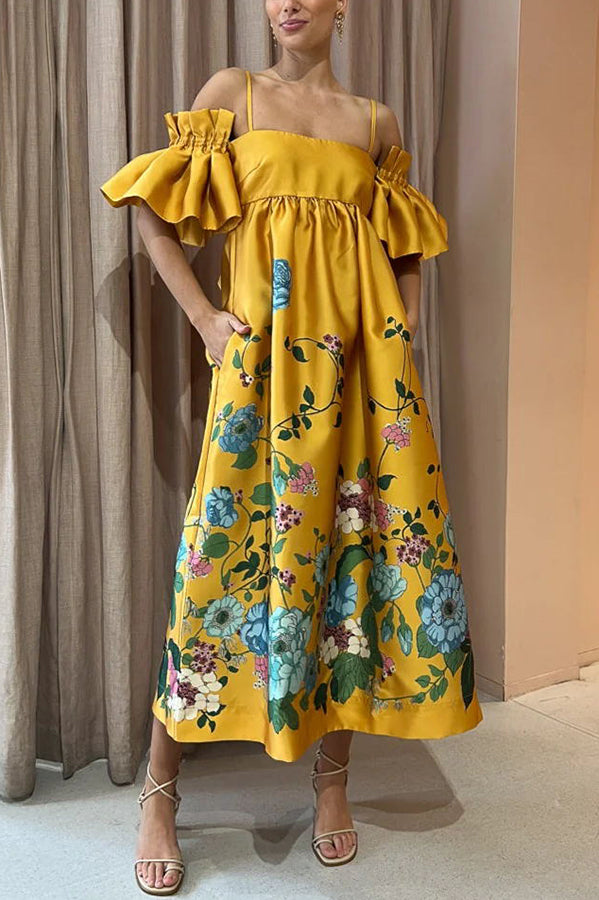 Floral Print Cold Shoulder Ruffle Sleeve Empire Waist Pocket Midi Dress
