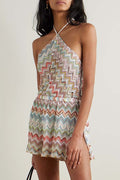 Juney Knit Colorful Zigzag Pattern Halter Neck Slit Wide Leg Loose Romper