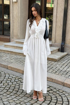 White Ruffle V Neck Wide Flared Sleeve Maxi Dress
