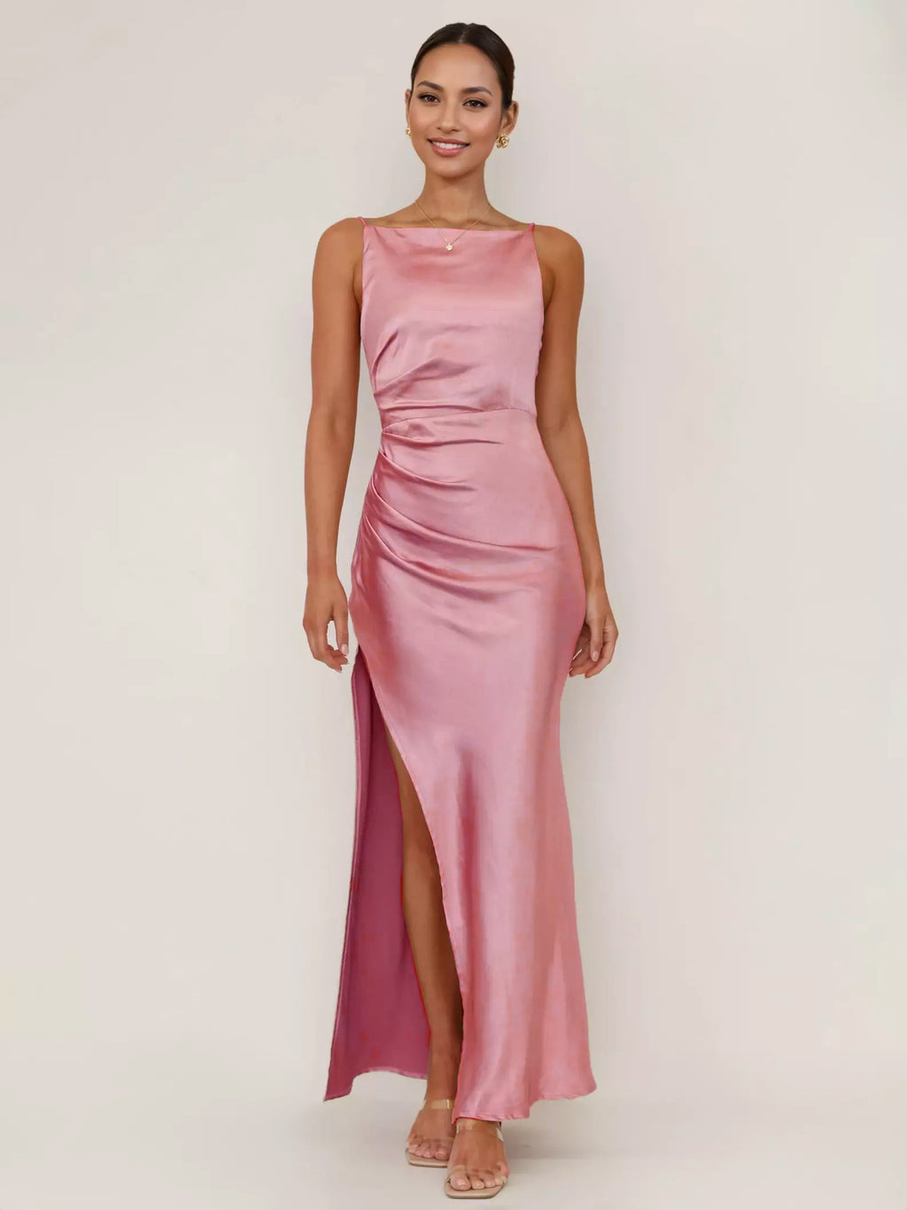 Soft Pink Maxi Slit Dress Open Back Party Slip Dress For Women 2026