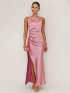 Soft Pink Maxi Slit Dress Open Back Party Slip Dress For Women 2026