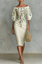 Floral Print Off-shoulder Puff Sleeve Fitted Midi Dress