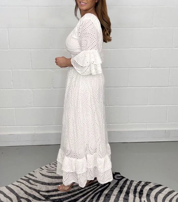 Eyelet Broderie Smocked V Neck Tiered Ruffle Bell Sleeve Maxi Dress
