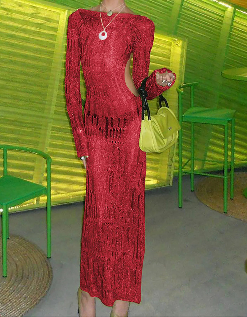 Knit Open Weave Mock Neck Long Sleeve Side Cut Out Bodycon Maxi Dress